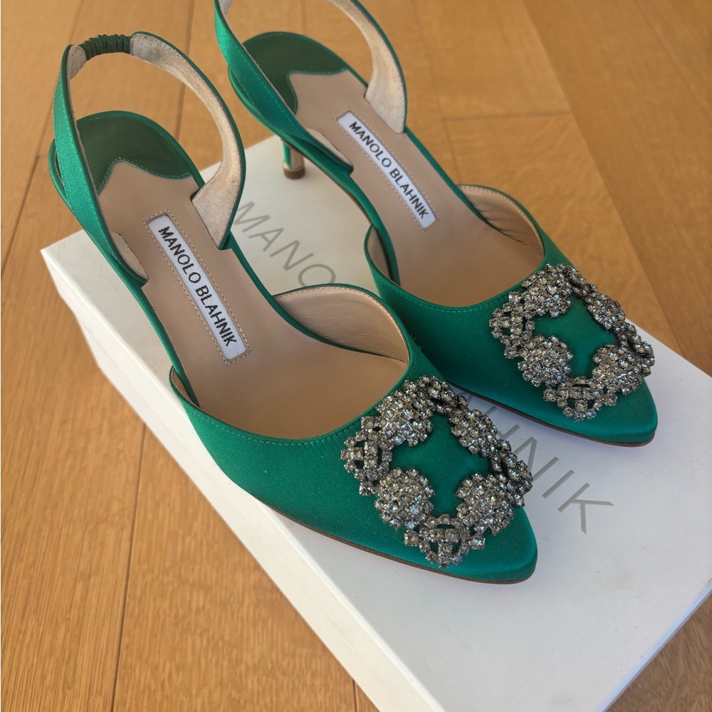 Manolo Blahnik Emerald Green Embellished Heels